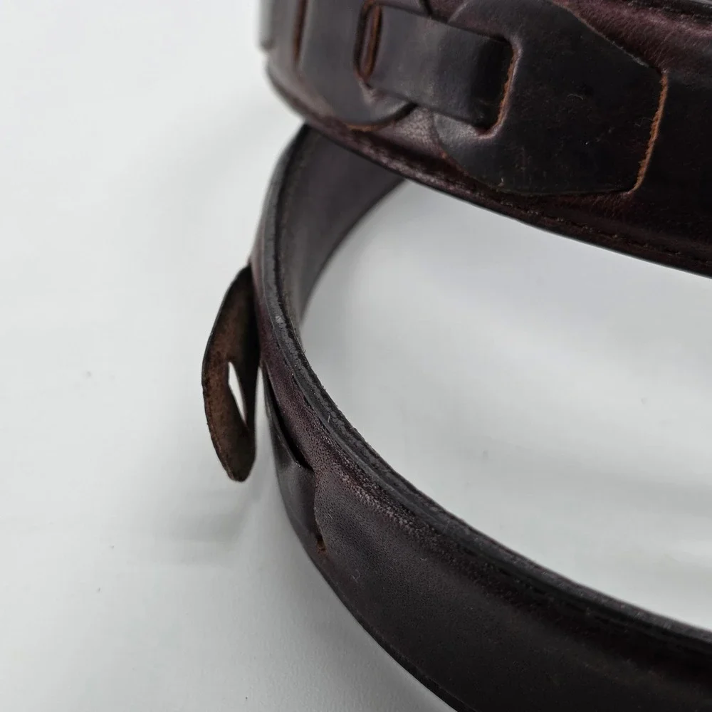 VTG Brown Leather Belt Mens 42 Oil Tanned Cowhide Solid Brass Woven Link 2534-02